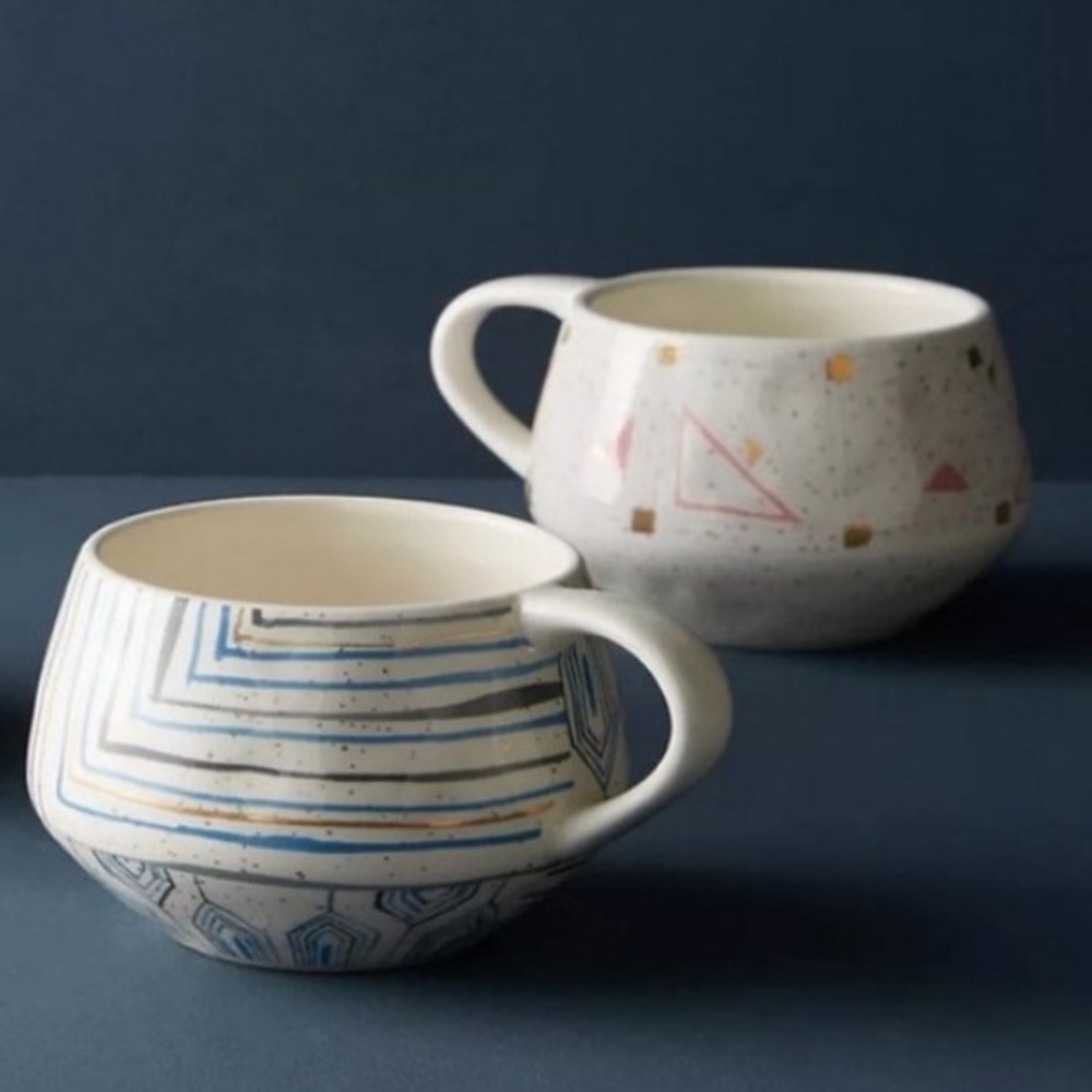 ANTHROPOLOGIE Oleanna blue gold MCM starburst geometric wide mug set soup tea